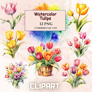 Watercolor Tulip Clipart PNG Bundle, Watercolor Digital Scrapbooking Elements, Tulips Clipart, Sublimation, Junk Journal Clipart