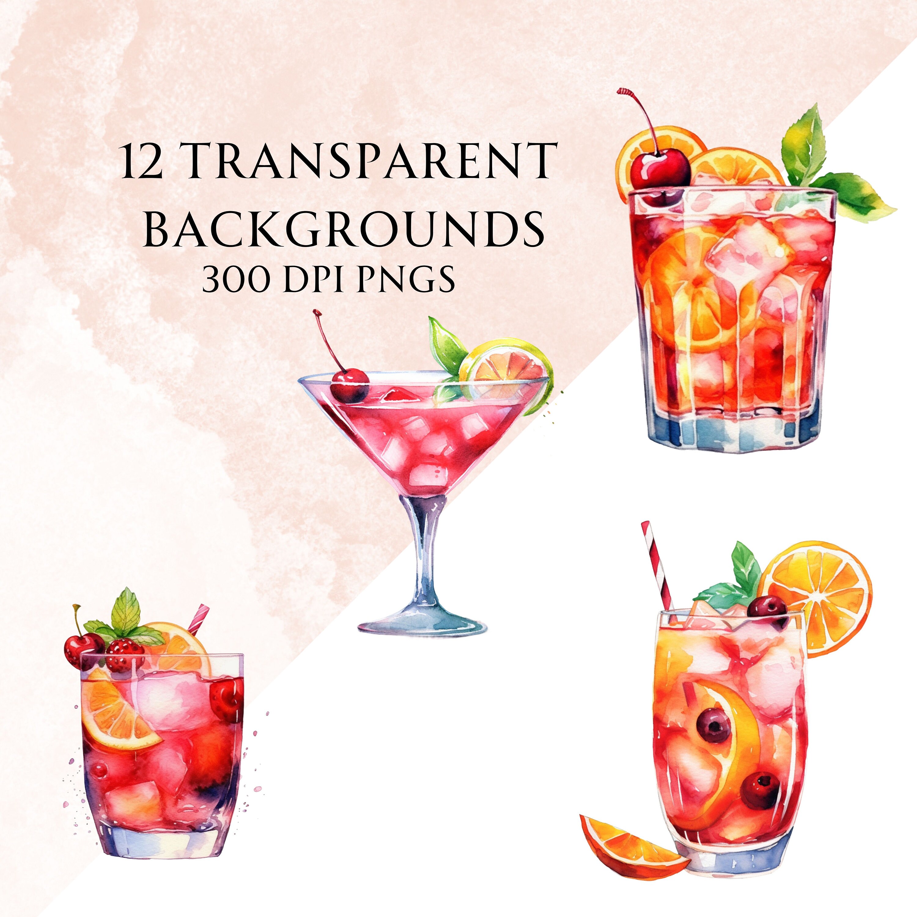 Watercolor Summer Cocktail Clipart PNG Bundle, Watercolor Digital ...