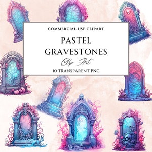 Pastel grafstenen clipart bundel, clipart voor commercieel gebruik, transparante PNGs, pastel clipart, Halloween clipart, gotische clipart, PNG
