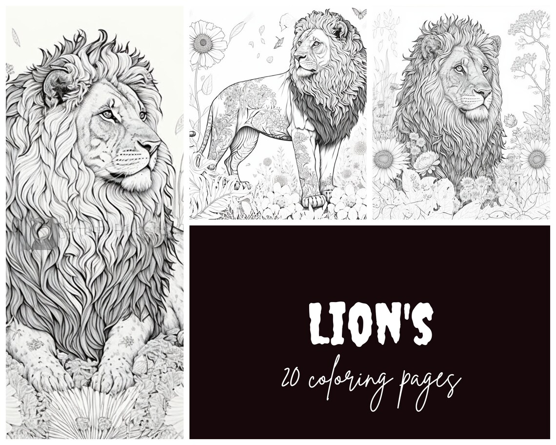 20 Adult Coloring Pages of Lions and Flowers, Relaxing, Hobby, Etsy