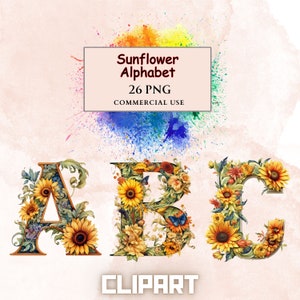 Paquete de imágenes prediseñadas del alfabeto de girasol Alfabeto inglés completo Ilustración mística Novela Clipart Magia PNG Archivo Descargar imágenes prediseñadas de girasol