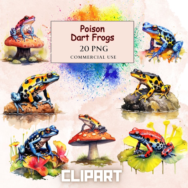 Watercolor Poison Dart Frog Clipart - cute frog floral clip art in PNG format instant download for commercial use, Frog Clipart