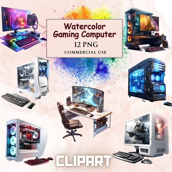 Gaming Computer Clipart PNG Bundle, Watercolor Digital Scrapbooking Elements, Computer Clipart, Sublimation, Junk Journal Clipart