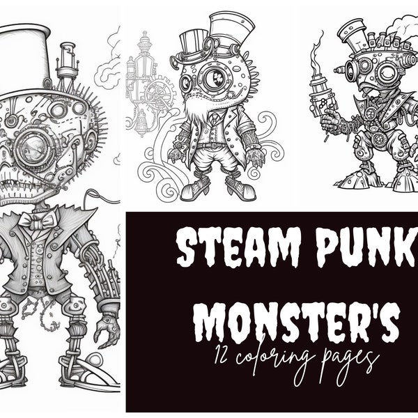 12 Pack Stress Relief Coloring Page, Steam punk adorable monster digital print, instant download set, Coloring pages for adults