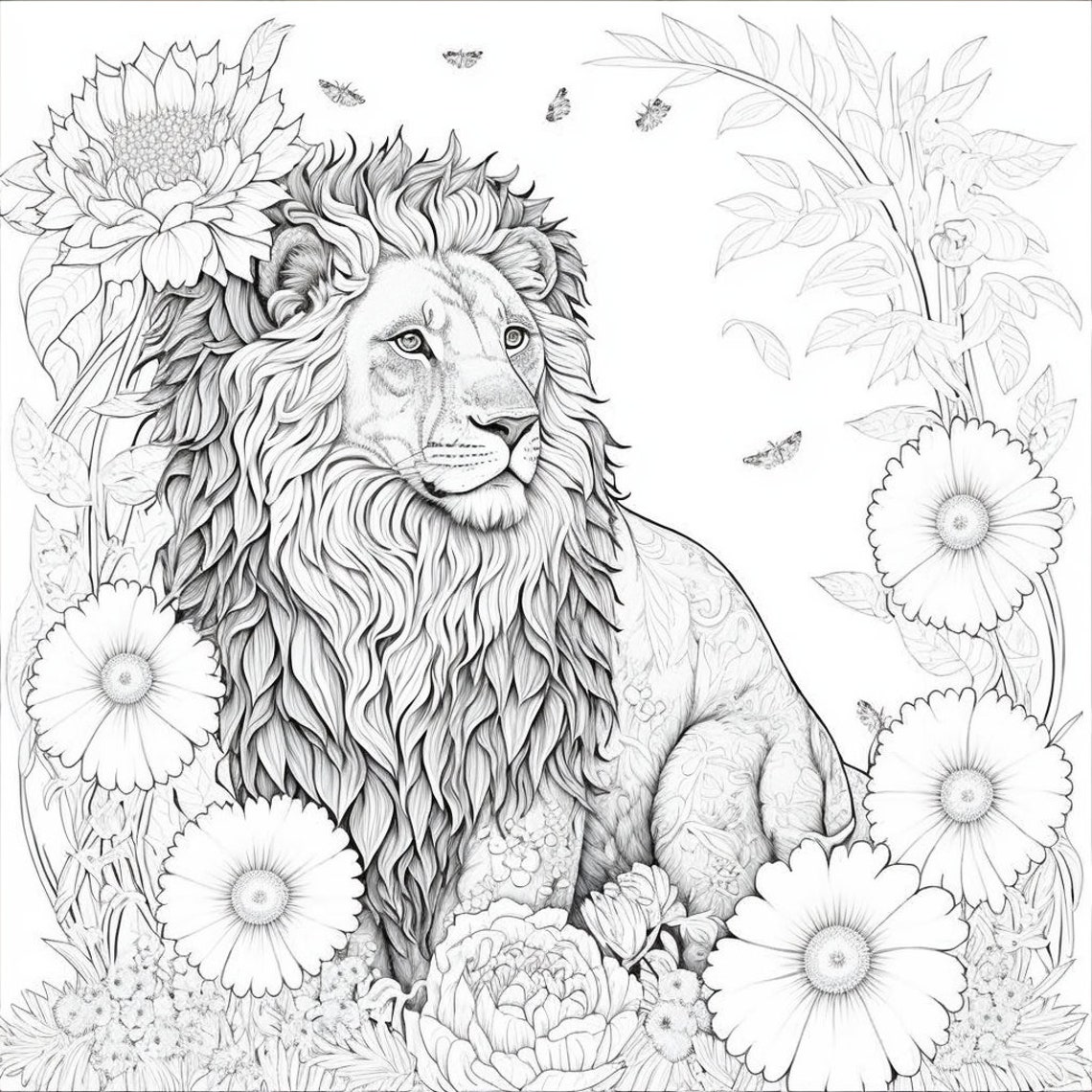 20 Adult Coloring Pages of Lions and Flowers, Relaxing, Hobby, - Etsy
