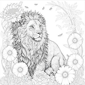 20 Adult Coloring Pages of Lions and Flowers, Relaxing, Hobby, - Etsy