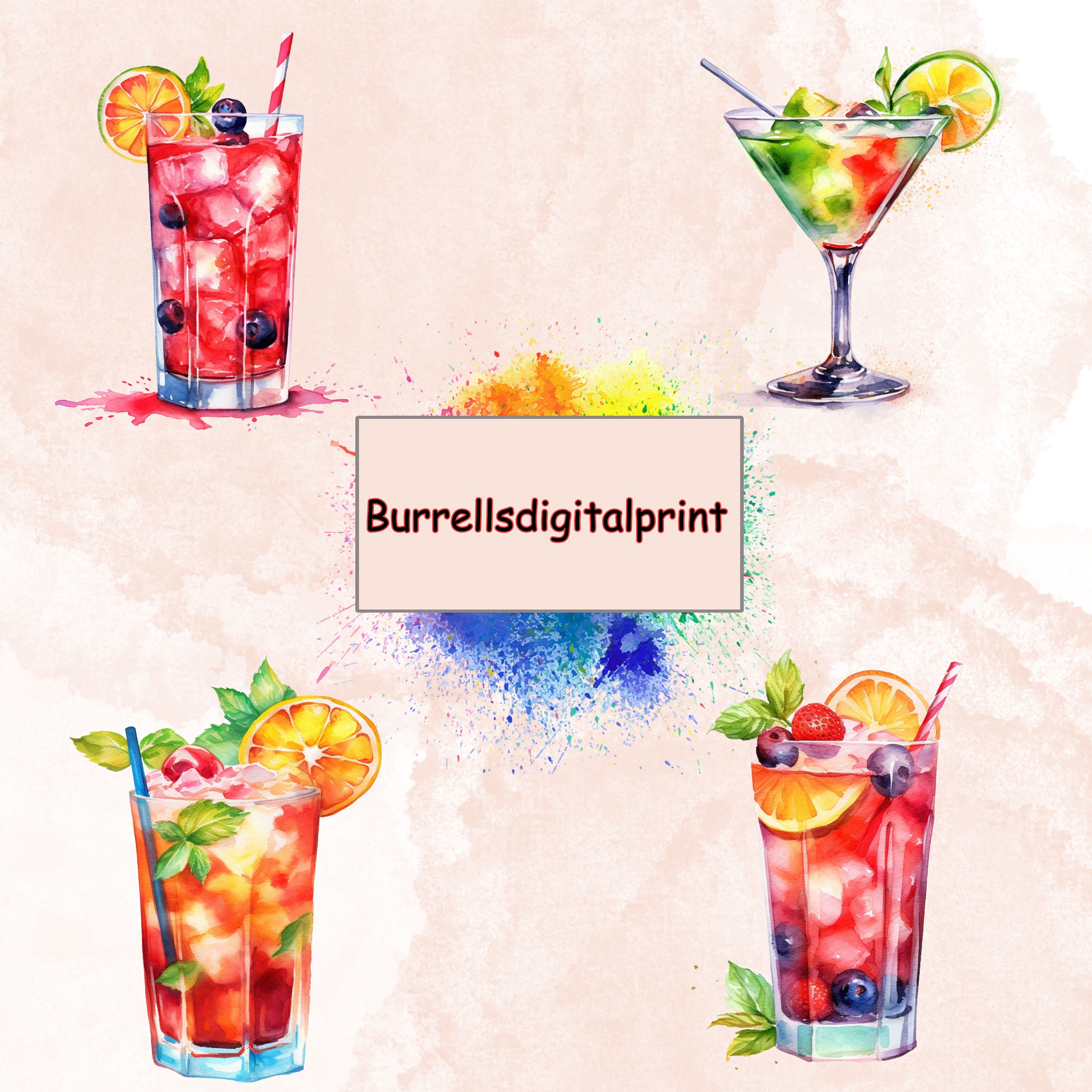 Watercolor Summer Cocktail Clipart PNG Bundle, Watercolor Digital ...