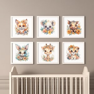 DIGITAL Boho Nursery Wall Art, Vintage Floral Safari Animal Printables, Muted Colors Earth Tone Floral Nursery Prints. Safari Nursery Art