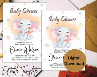 Modello di invito per baby shower con elefante, invito per baby shower, invito per baby shower stampabile, download istantaneo di Canva