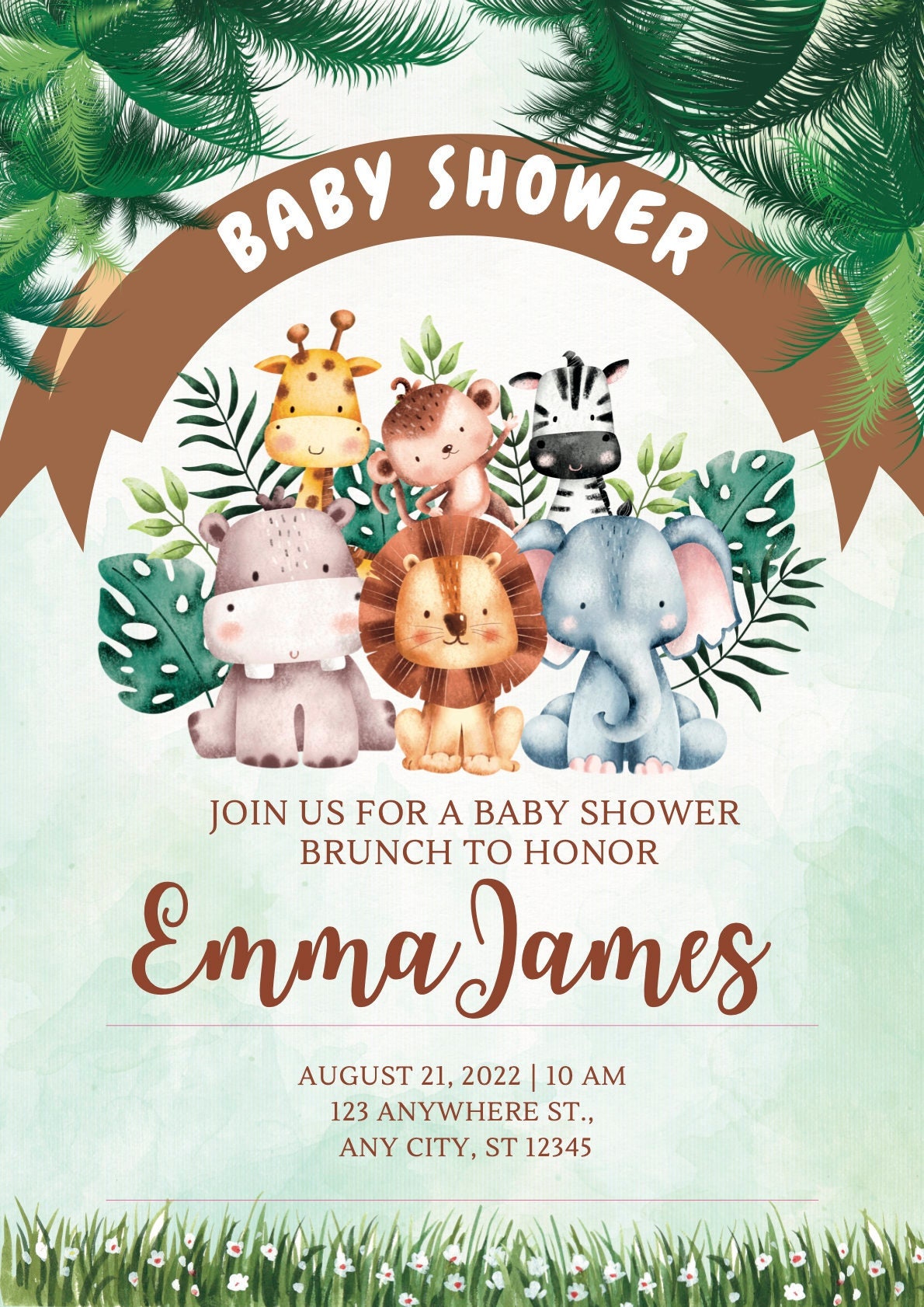 EDITABLE Jungle Theme Baby Shower Invitation, Animal Baby Shower Invite