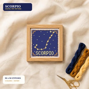 May include: A framed cross-stitch pattern featuring the Scorpio constellation in yellow on a dark blue background with the text SCORPIO at the bottom. The design is surrounded by a decorative border and includes three skeins of embroidery floss.