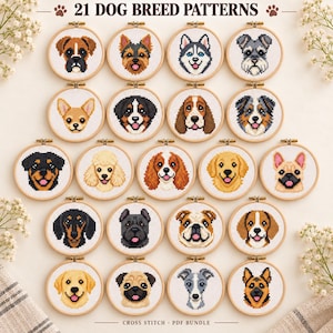 May include: A collection of 21 circular wooden embroidery hoops containing cross-stitch patterns of various dog breeds. The text 21 DOG BREED PATTERNS is at the top, and CROSS STITCH PDF BUNDLE is at the bottom. Each hoop displays a colourful canine face.
