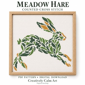 Meadow Hare Cross Stitch Pattern PDF, Botanical Rabbit Silhouette, Woodland Folk Art