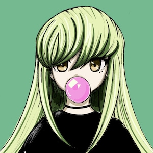 May include: A digital illustration of a character with long, straight, pale green hair and brown eyes. The character wears a black shirt and a thin black choker necklace. A large, round, bright pink bubble is positioned in front of the mouth.