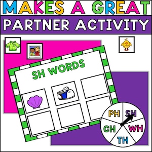 Peut inclure: Un plateau de jeu imprimable avec un spinner coloré pour s'entraîner au son 'sh'. Le plateau comporte six cases avec des images d'un coquillage, d'une chaussure et des cases vides. Le spinner a les lettres 'ph', 'sh', 'ch', 'wh' et 'th'.