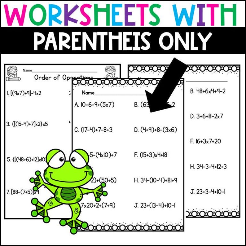 Math Problem With Parentheses Order of Operations Worksheets and Poster With and Without Brackets and ...