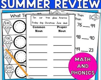 Second Grade Summer Math and Phonics Review Packet Summer School Worksheets Home Learning Homeschool