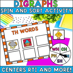 Könnte beinhalten: Ein farbenfrohes Arbeitsblatt mit dem Text "DIGRAPHS SPIN AND SORT ACTIVITY". Das Blatt enthält einen "TH WORDS" Abschnitt, einen Spinner mit Digraphen und den Text "CENTERS RTI AND MORE!"