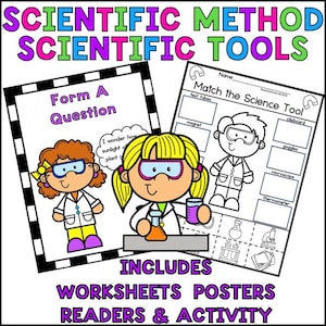 Puede incluir: Dos ilustraciones en blanco y negro de niños vestidos de científicos. La primera ilustración muestra a una niña con cabello rojo sosteniendo una planta. La segunda ilustración muestra a una niña con cabello rubio sosteniendo un vaso de precipitados. El texto "Form A Question" está por encima de las ilustraciones. El texto "Me pregunto cómo la luz del sol afecta el crecimiento de una planta" está debajo de las ilustraciones. La segunda imagen muestra una ilustración en blanco y negro de un niño vestido de científico. El texto "Match the Science Tool" está por encima de la ilustración. El texto "tubos de ensayo, imán, gafas de seguridad, microscopio, termómetro, portapapeles" está debajo de la ilustración. El texto "INCLUDES WORKSHEETS POSTERS READERS & ACTIVITY" está en la parte inferior de la imagen.