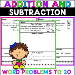May include: A colorful educational worksheet titled "Addition and Subtraction" with word problems to 20. The worksheet includes spaces for writing equations and drawing problems. A cartoon girl with a blue bow is featured. The text includes "Word Problems to 20".