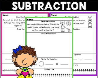 Werkbladen voor optellen en aftrekken van woorden met 20 verhaalopgaven