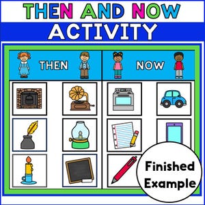 Op de afbeelding: Een kleurrijk schema met de woorden "Then and Now Activity" bovenaan. Het schema heeft twee kolommen met de labels "Then" en "Now". Elke kolom heeft drie rijen met afbeeldingen van objecten uit het verleden en het heden. Bijvoorbeeld, een open haard wordt getoond in de kolom "Then" en een moderne oven wordt getoond in de kolom "Now". Het schema bevat ook een voltooid voorbeeld.