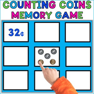 May include: A Counting Coins Memory Game educational activity sheet with a bright blue grid containing nine white squares. One square displays the text 32 cents, while another square shows a collection of five silver and copper coins.