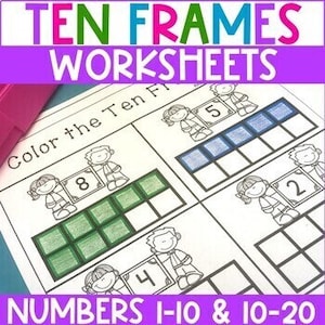 May include: Black and white printable worksheets for kids to practice counting and number recognition using ten frames. The worksheets feature numbers 1-10 and 10-20. The text on the worksheet says "Color the Ten Frames".