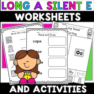 May include: Black and white worksheets and activities for teaching long a and silent e phonics. The worksheets include a "Read and Draw" activity with the word "cape" and a "Long Vowel Sorting" activity with the letter "oo".
