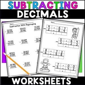 May include: Black and white worksheet with the title "Subtracting Decimals" and a series of subtraction problems with regrouping. The worksheet includes a section for "Subtraction with Regrouping" and another section for "Decimal Subtraction".