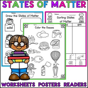 以下が含まれることがあります： States of Matterと題された教育用ワークシート。ハンバーガー、熱気球、蛇口などの様々なオブジェクトの白黒線画イラストと、本を抱えた漫画のキャラクターが描かれています。