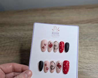 Minnie Inspired Press On Nails – Red Polka Dot, Heart, Bow Gel-X Set