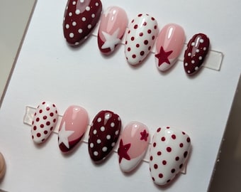 Hand-painted Star Polka Dot Almond Press-on Nails – French Tip Gel-X Style