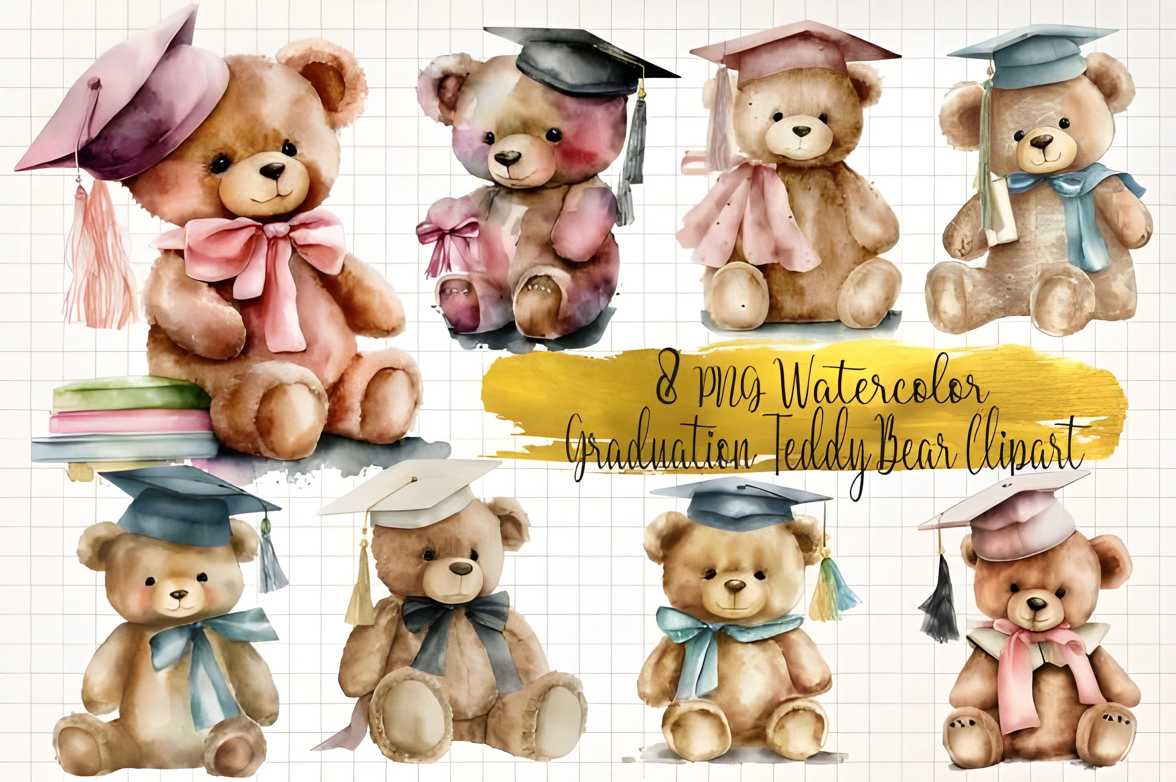 Graduation Teddy Bear Watercolor Clipart Etsy