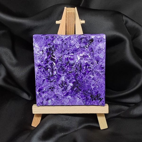 Mini tableau abstrait violet fait main et son chevalet