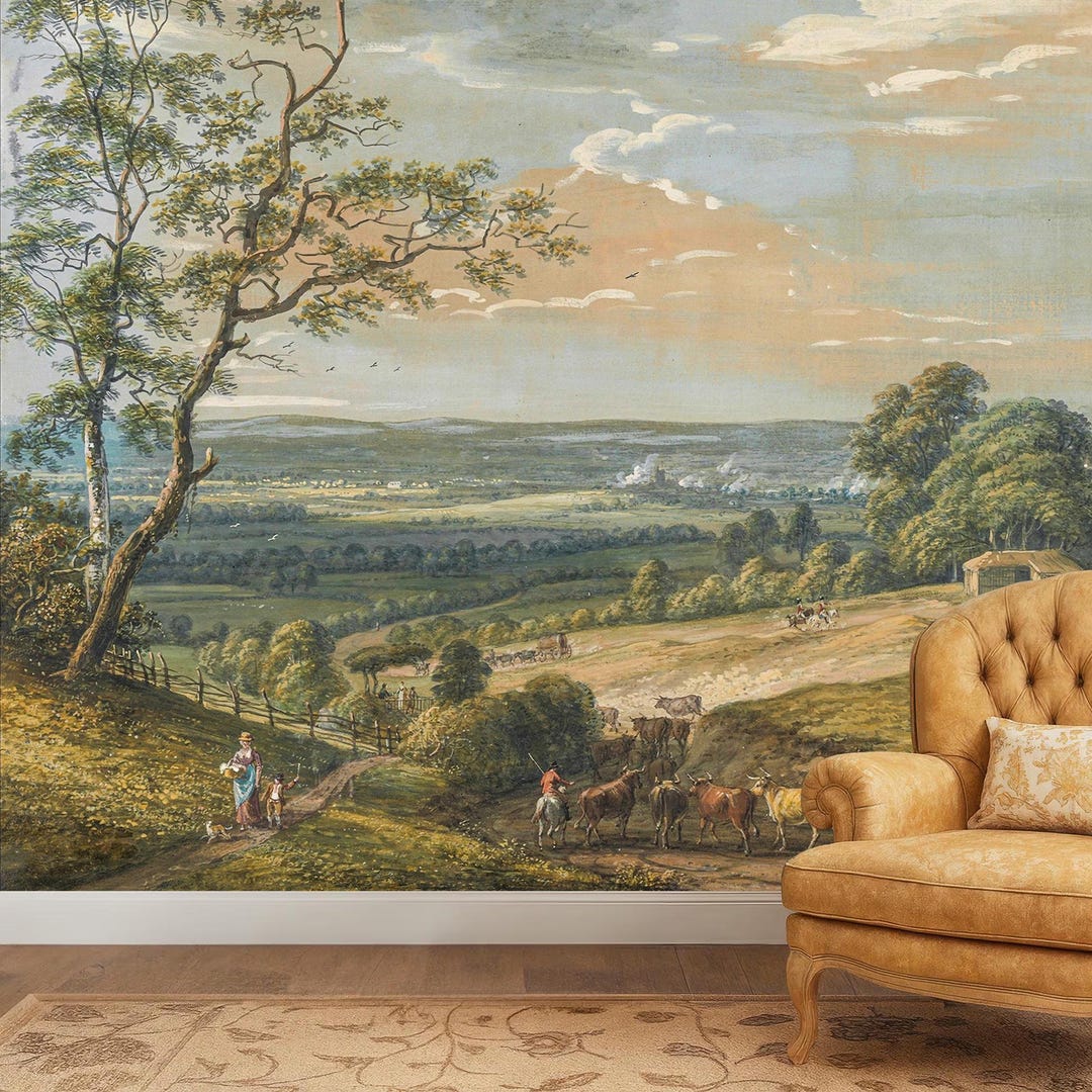 Vintage Countryside Landscape Wall Mural, Pastoral Farm Scenic ...