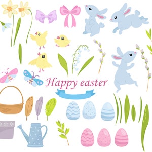 Happy Easter vector set SVG. Cute  blue bunnies and chickens clipart , easter eggs and flowers. Hand drawn flat cartoon elements.