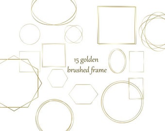 May include: A collection of 15 golden brushed frames in various geometric shapes, including circles, squares, ovals, and hexagons. The frames are arranged on a white background. Text reads "15 golden brushed frame".