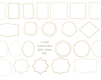 May include: A collection of 23 gold, textured, shiny glitter frames in various shapes, including rectangles, squares, ovals, circles, and geometric designs. The frames are outlined in a thin, elegant gold color. Text in the image reads: "23 Gold textured shiny glitter frames PNG."