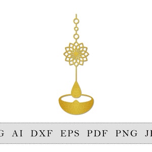 Puede incluir: Un diseño de lámpara diya dorada y ornamentada, con un elemento floral, una forma de lágrima y una base en forma de cuenco. El diseño está suspendido de una serie de pequeños círculos. La imagen también incluye opciones de formato de archivo.