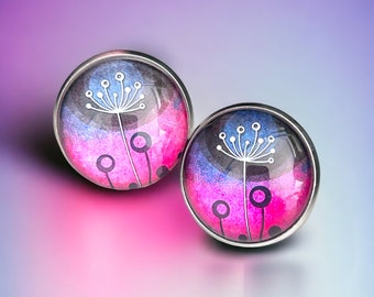 Earrings Dandelion, Teal - Pink gradient, stud earrings stylistic flower, stainless steel stud earrings, large round earrings, 18 mm in size,