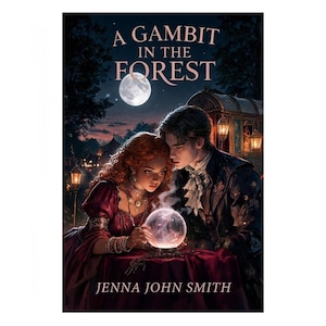 May include: A book cover titled A Gambit in the Forest by Jenna John Smith. It features a person with long red hair in a dark red dress and a person in a dark coat looking at a glowing crystal ball on a red table under a full moon and lanterns.