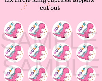 Pink Dinosaur cupcake toppers edible icing images 1st birthday baby Shower party decoration #169