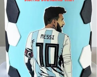 Imagen digital descargable de decoración para tarta de fútbol Messi para imprimir usted mismo en varios tamaños incluidos