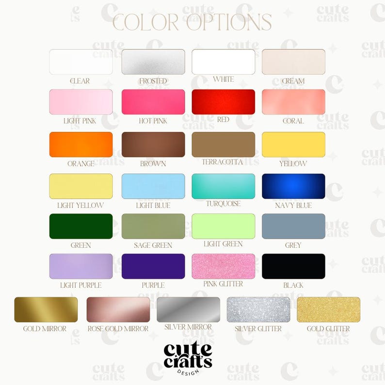 Peut inclure: Tableau des options de couleurs pour un projet d'artisanat. Le tableau pr&eacute;sente 24 couleurs diff&eacute;rentes, notamment transparent, givr&eacute;, blanc, cr&egrave;me, rose clair, rose fonc&eacute;, rouge, corail, orange, marron, terre cuite, jaune, jaune clair, bleu clair, turquoise, bleu marine, vert, vert sauge, vert clair, gris, violet clair, violet, paillettes roses, noir, miroir dor&eacute;, miroir or rose, miroir argent&eacute;, paillettes argent&eacute;es et paillettes dor&eacute;es.