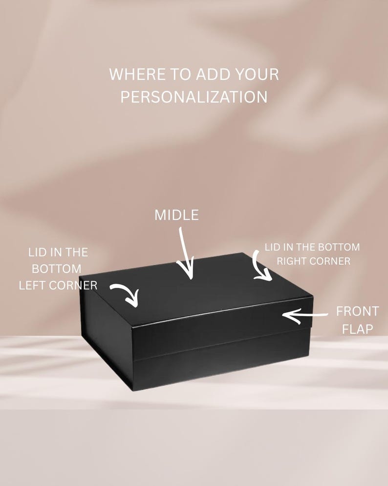May include: A rectangular black gift box with a lid and front flap. Text indicates personalization areas: WHERE TO ADD YOUR PERSONALIZATION, MIDLE, LID IN THE BOTTOM LEFT CORNER, LID IN THE BOTTOM RIGHT CORNER, and FRONT FLAP, with arrows pointing to each.