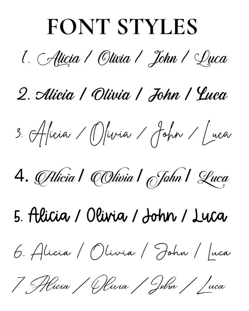 K&ouml;nnte beinhalten: Eine schwarz-wei&szlig;e &Uuml;bersicht mit der &Uuml;berschrift FONT STYLES, die sieben verschiedene Schriftarten zeigt. Jede nummerierte Zeile enth&auml;lt die Namen Alicia, Olivia, John und Luca in einer einzigartigen Schriftart, von Schreibschriften bis hin zu serifenlosen Stilen.