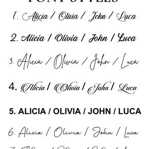 May include: A black and white chart titled FONT STYLES displaying seven numbered rows of text. Each row features the names Alicia, Olivia, John, and Luca written in a distinct typeface, ranging from elegant cursive scripts to bold block lettering.