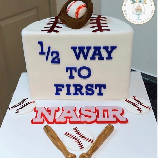 1/2 Way To First® 6 Months Half Halfway Birthday Personalized Baseball Navy Blue cake topper Cake Smash