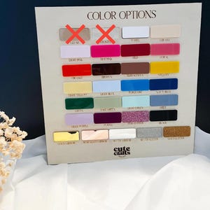 May include: A rectangular display board titled COLOR OPTIONS featuring a grid of small, labeled rectangular swatches in various colors and finishes, including matte, glitter, and mirror textures, with the logo cute crafts design at the bottom.